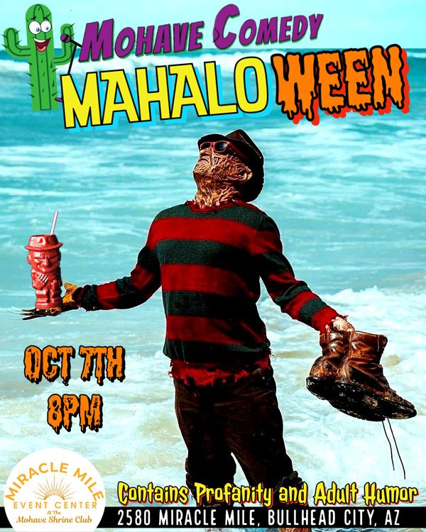 Poster for the MahaloWEEN event featuring Freddy Krueger emerging from the ocean, holding boots in his left hand and a tiki-style drink in his right. He is looking up at the sky, enjoying the fresh air.